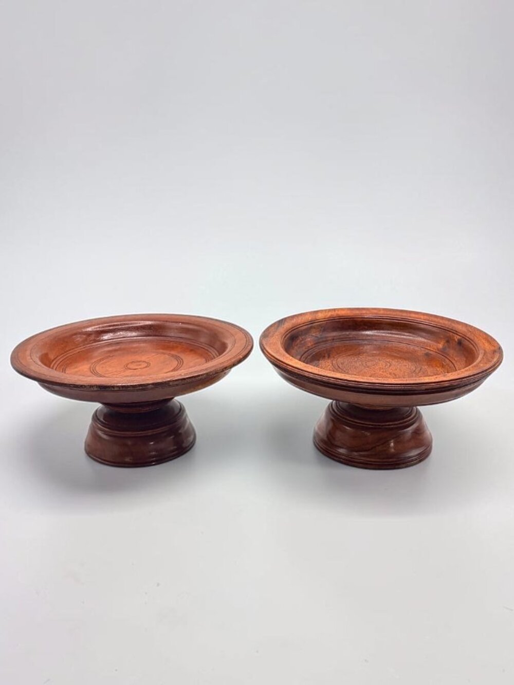 Vintage Hand Turned Wood Pedestal Bowls Set of 2 Footed Serving Compotes 8in MCM